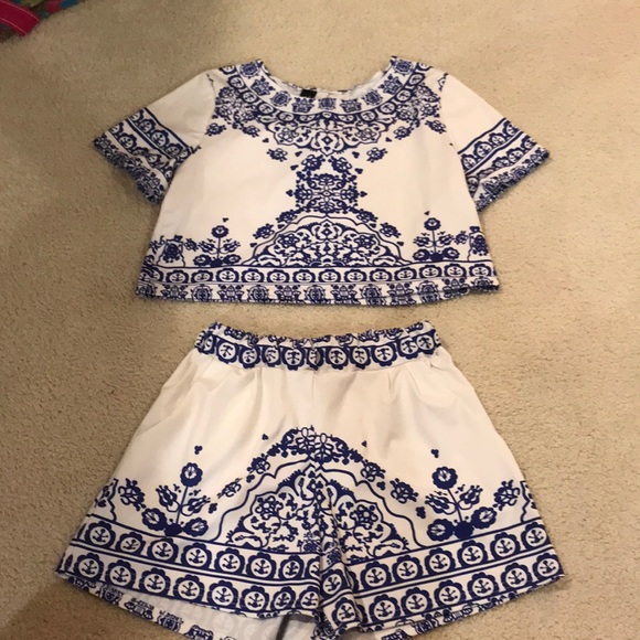blue and white two piece set